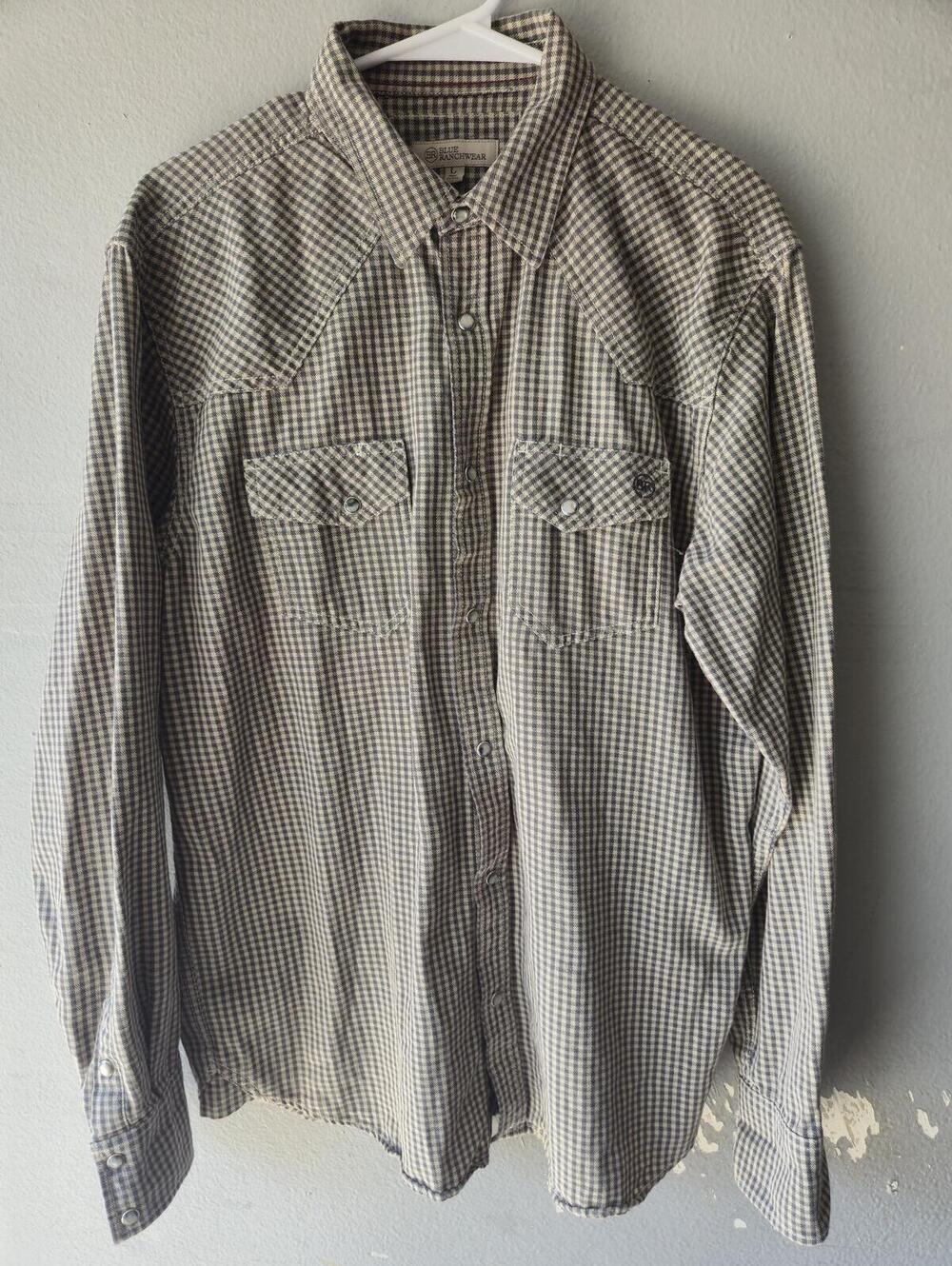 Blue Ranchwear Men's Large Plaid Button-Up Long Sleeve Cotton Shirt